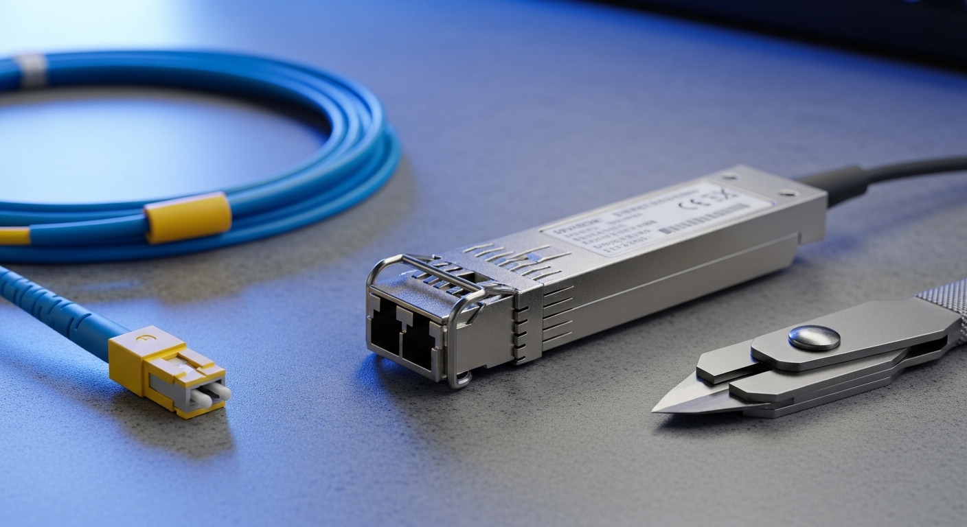 A macro product photo of an industrial SFP transceiver module with a visible metal housing, label partially readable but not 