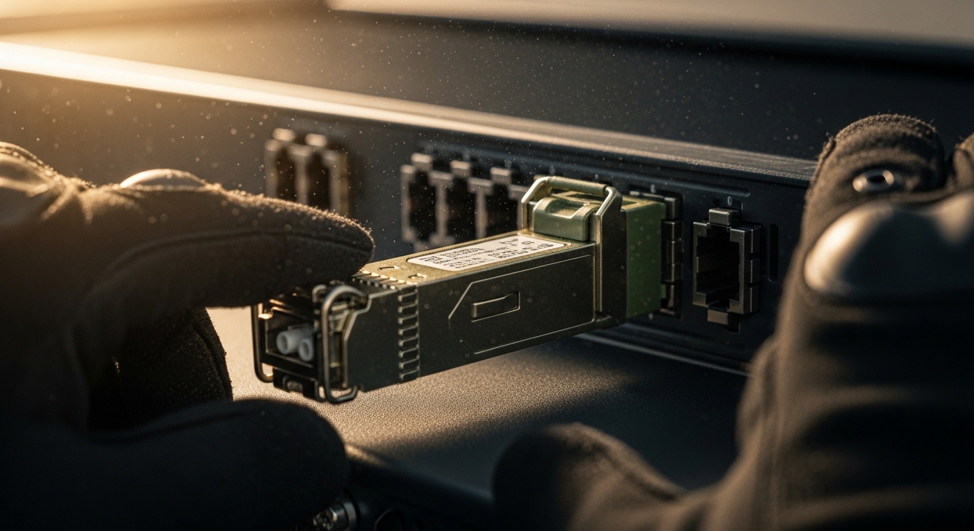 A photorealistic close-up of a ruggedized 10G SFP transceiver seated in a military-grade fiber switch bay, with gloved hands 