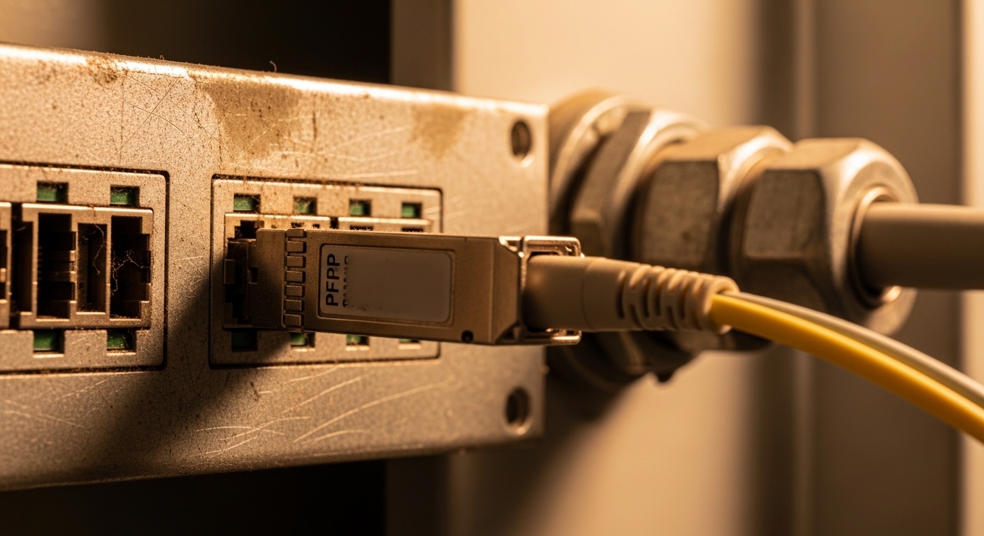Photorealistic close-up of a rugged fiber optic patch panel inside an industrial oil and gas substation enclosure, showing an