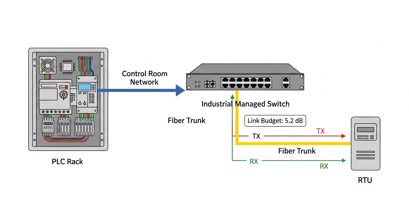 An illustrated concept diagram showing a PLC rack in an industrial control room, connected via an industrial managed switch t