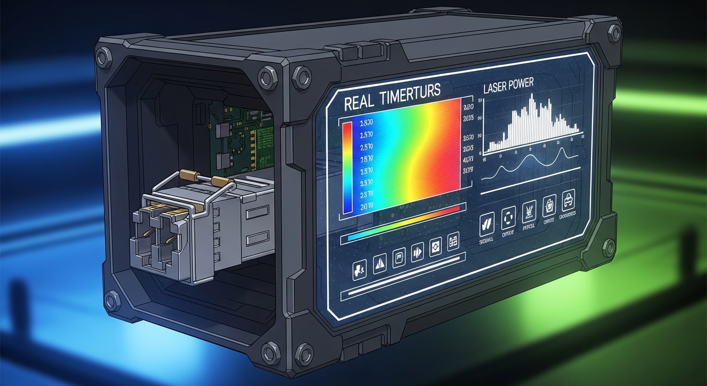 Concept art illustration of a ruggedized SFP module inside a sealed tactical enclosure, with translucent overlays showing tem