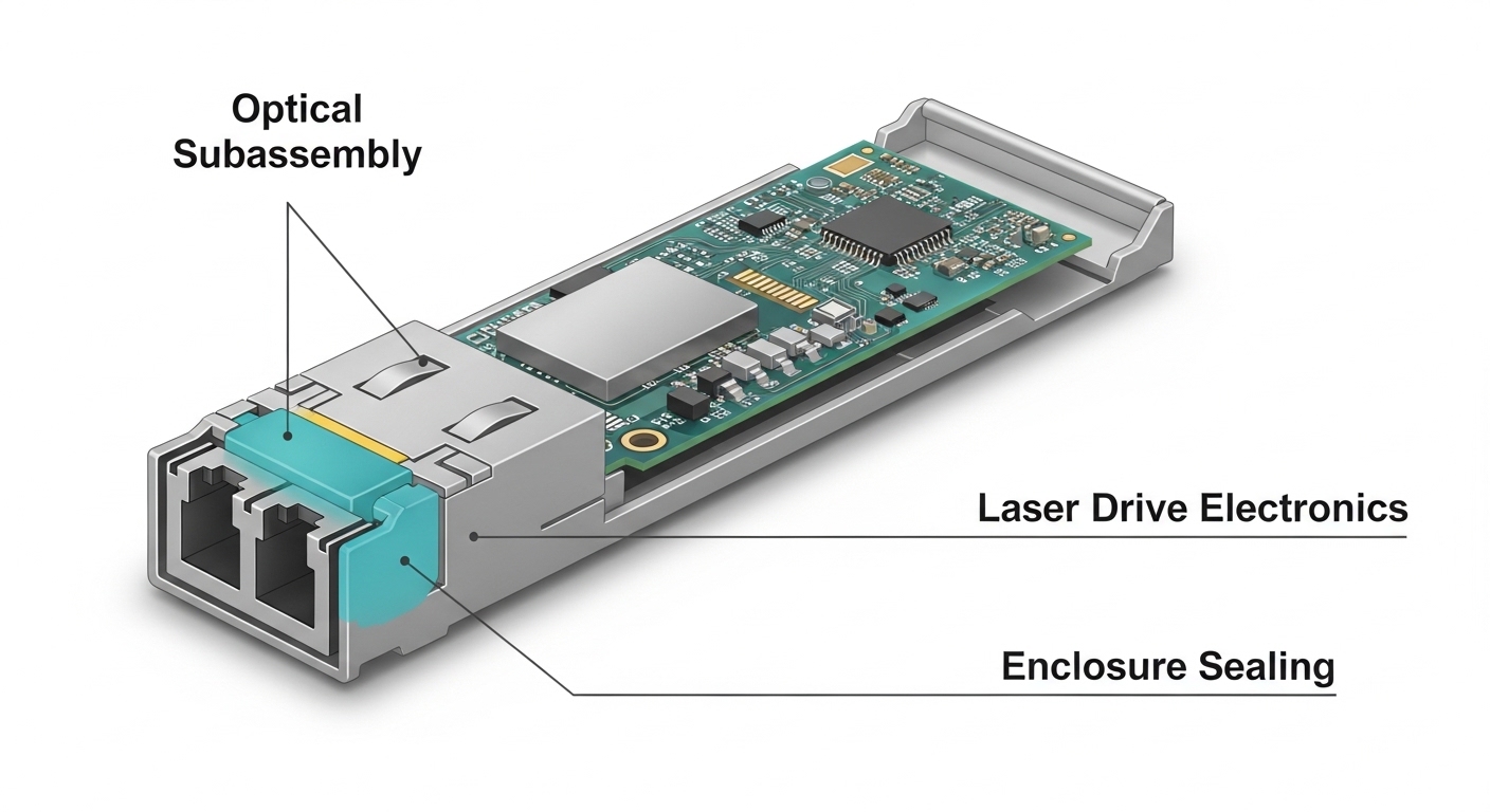 Clean technical illustration of an SFP transceiver cross-section with layered labels for optical subassembly, laser drive ele
