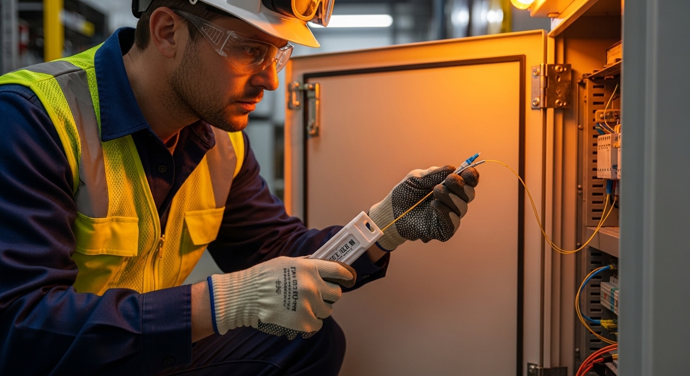A lifestyle-style photo of a field engineer in an industrial facility wearing PPE, kneeling by an open electrical cabinet, ho