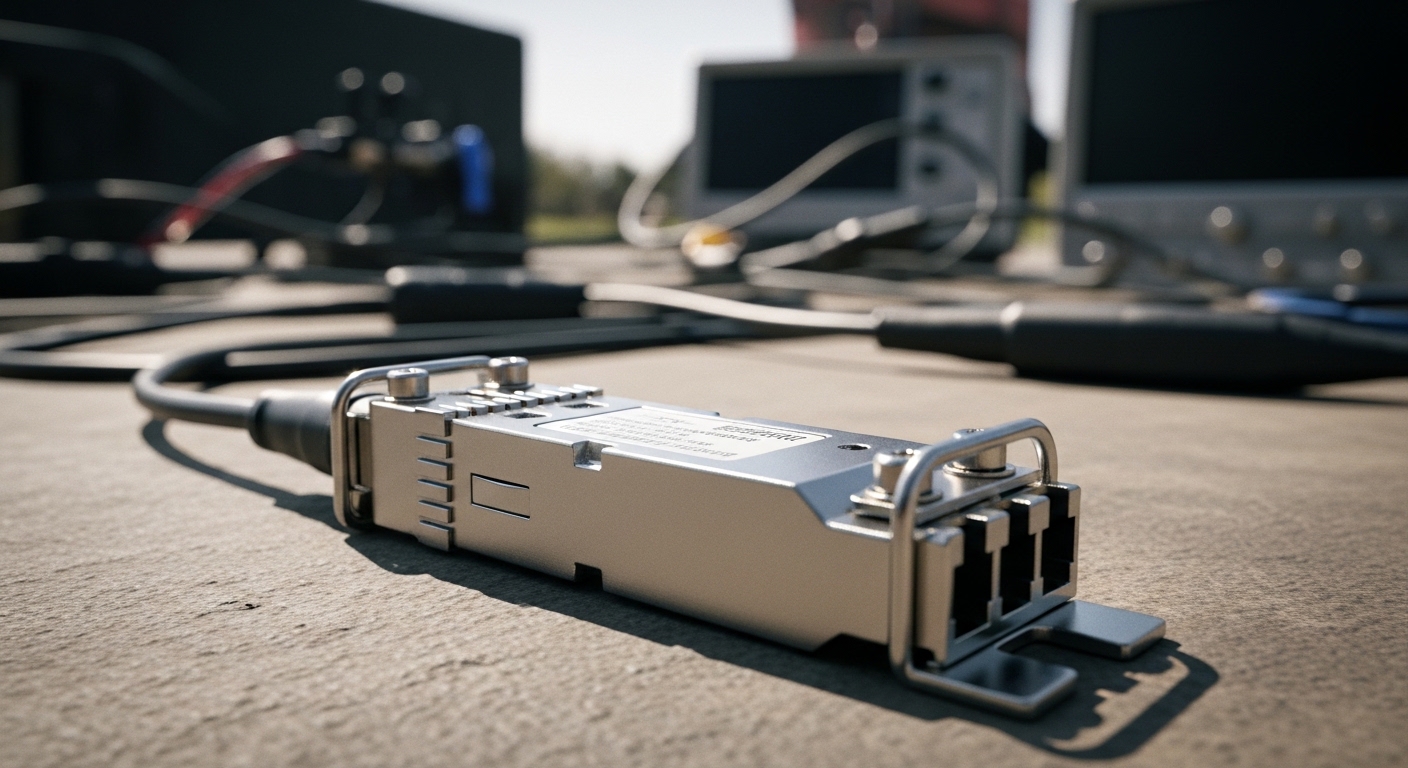 Documentary-style photo of ruggedized SFP, Military and Defense Optical Networks: Ruggedized SFP Solutions, natural lighting,