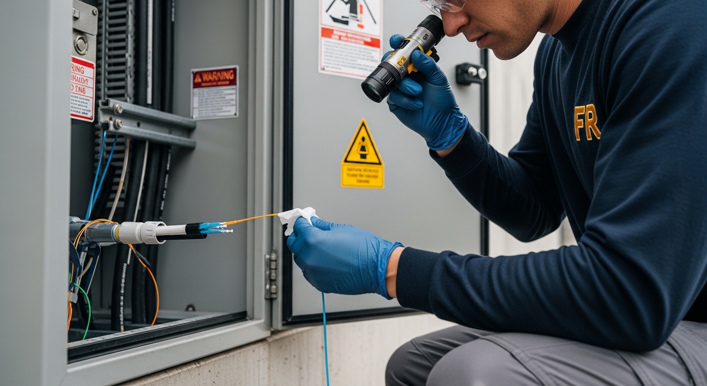 Lifestyle-style photo of an engineer in FR clothing performing fiber cleaning and inspection near a hazardous-area cabinet, g