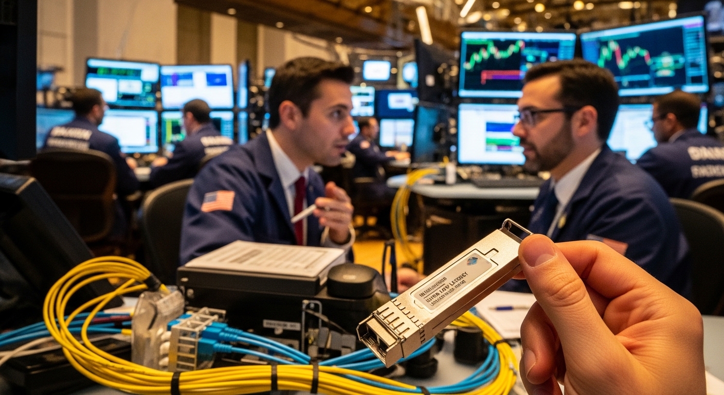 Lifestyle scene featuring low latency SFP, Financial Trading Fiber Networks: Ultra-Low Latency SFP Selection, warm ambient li