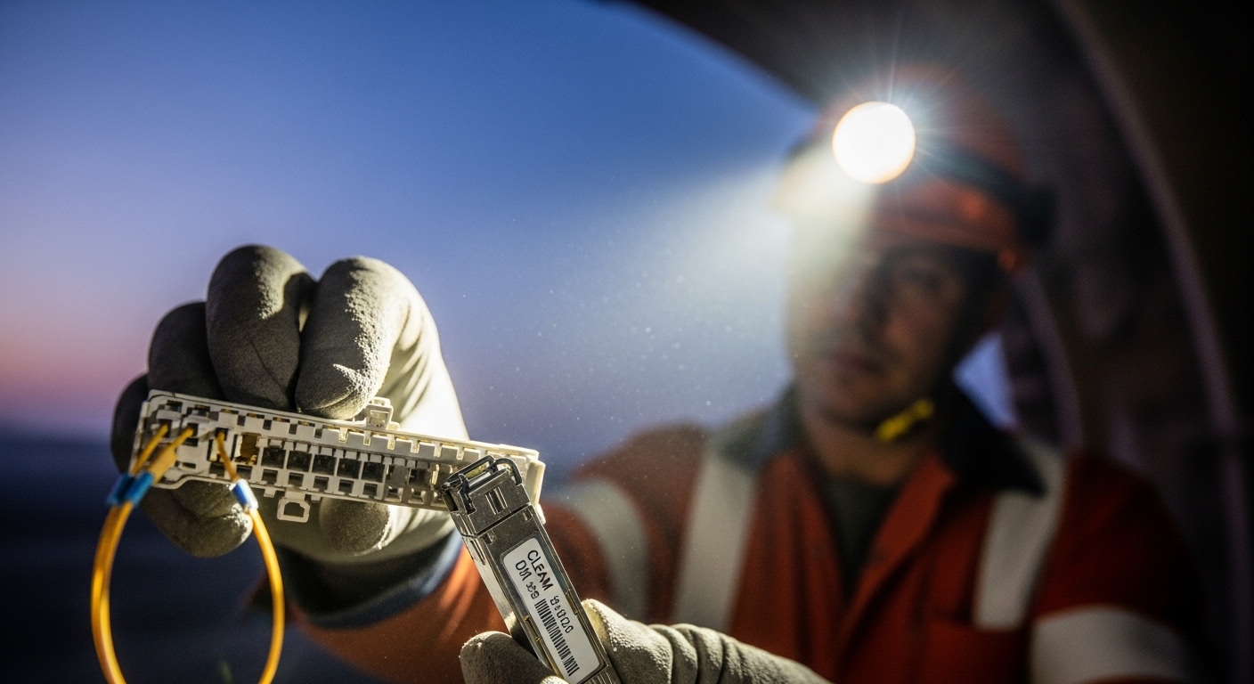 Photorealistic scene inside an underground mine tunnel at dusk, a technician in reflective safety gear holding a fiber patch 
