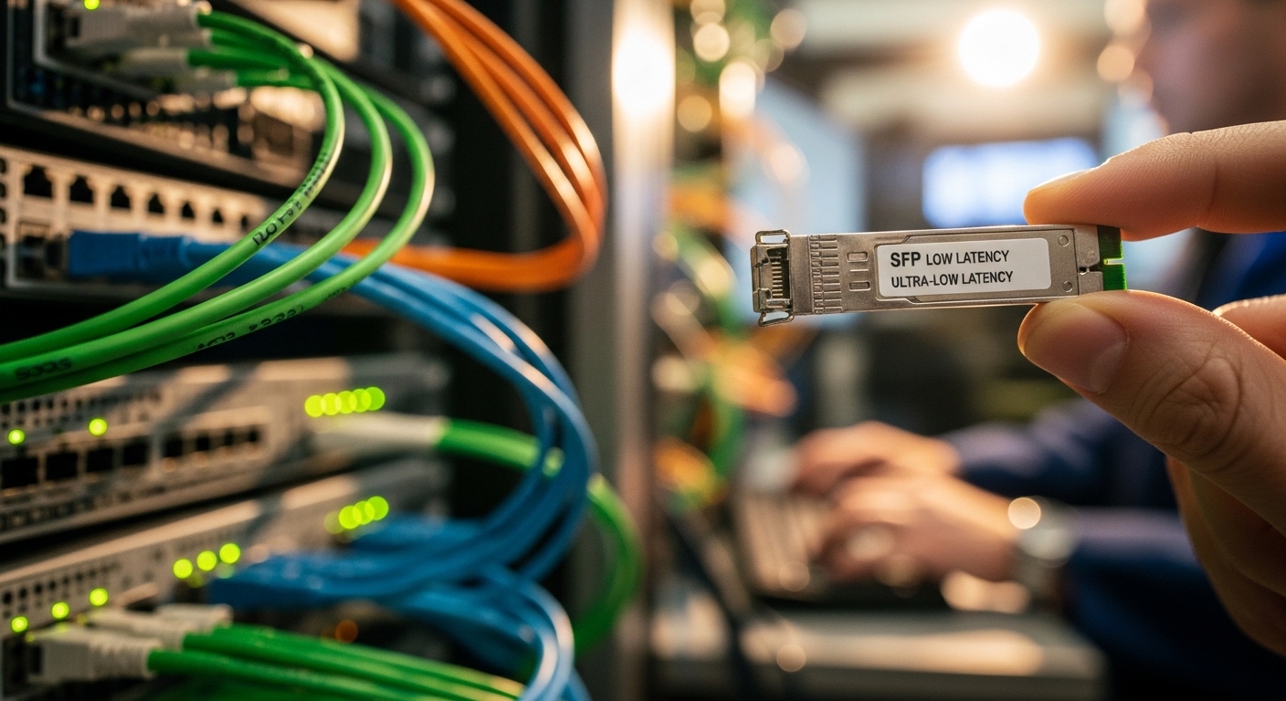 Lifestyle scene featuring low latency SFP, Financial Trading Fiber Networks: Ultra-Low Latency SFP Selection, warm ambient li