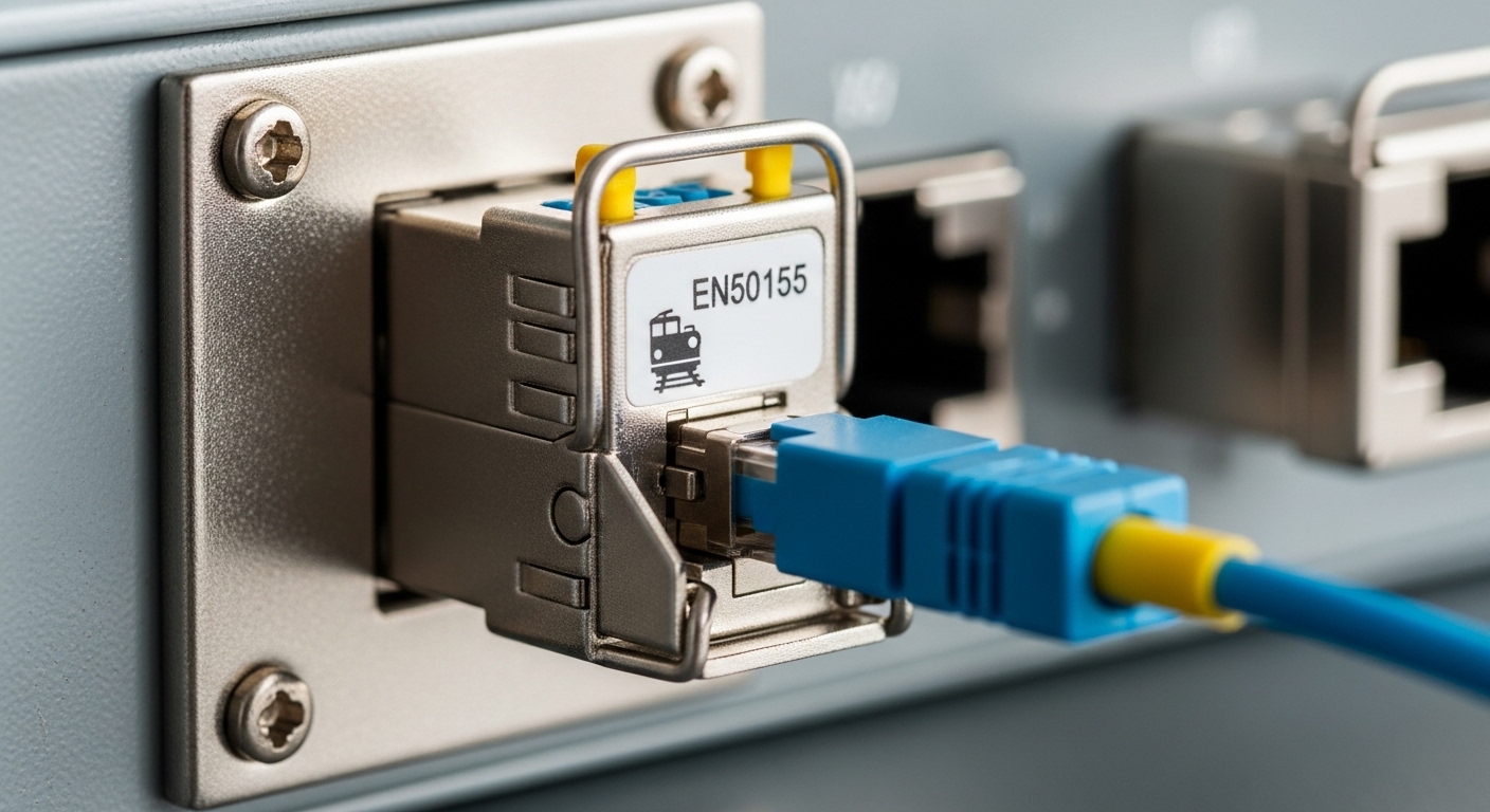 Close-up photography of an EN50155-qualified industrial SFP module labeled with railway compliance markings, seated in a rugg