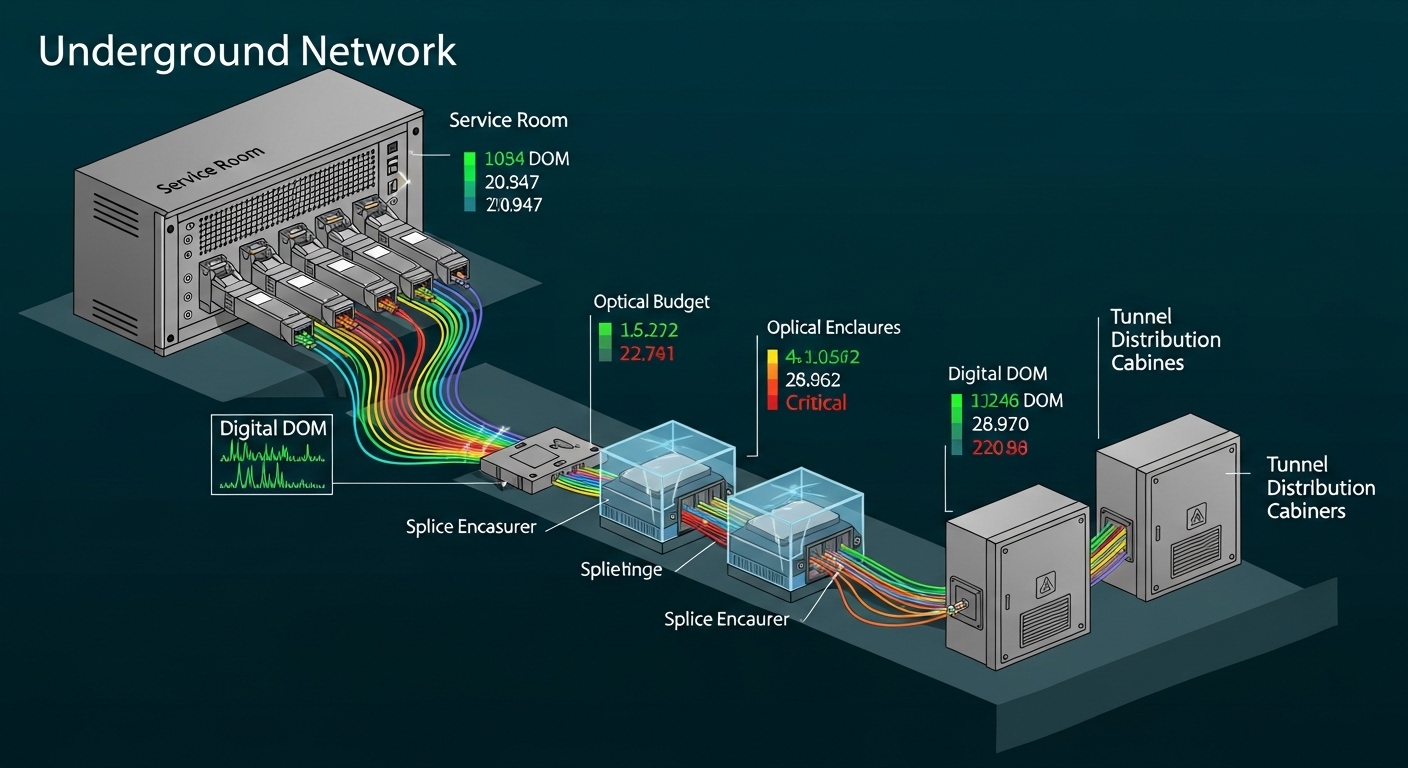 Conceptual illustration of an underground fiber network diagram, showing rugged SFP transceivers at a service-room rack, fibe