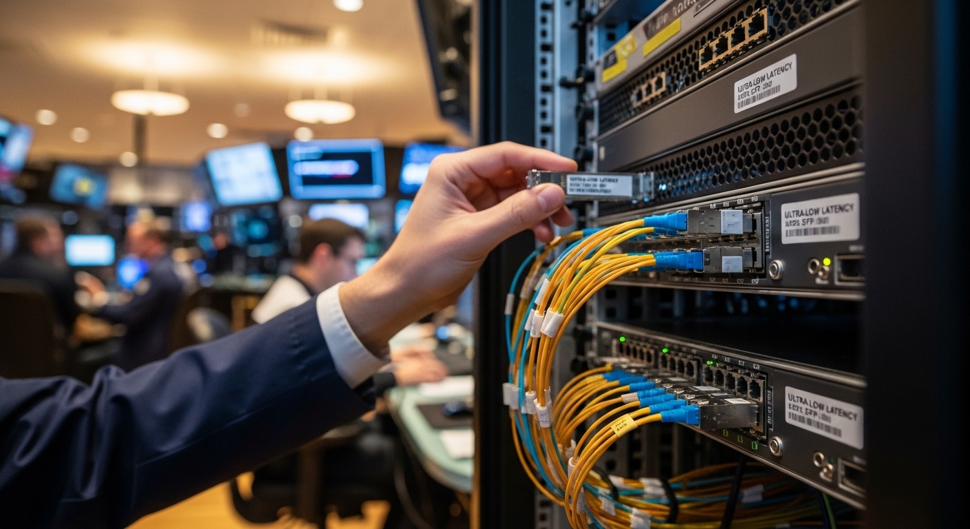Lifestyle scene featuring low latency SFP, Financial Trading Fiber Networks: Ultra-Low Latency SFP Selection, warm ambient li