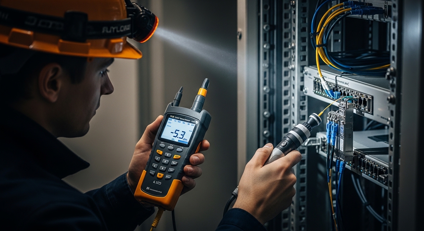 Photorealistic lifestyle scene of a field engineer in a protective helmet using an optical power meter and fiber inspection s