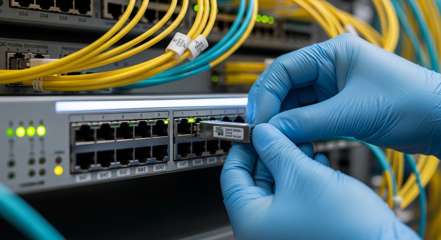 Photorealistic close-up of a 19-inch network switch front panel in a university data closet, with an engineer’s gloved hands 