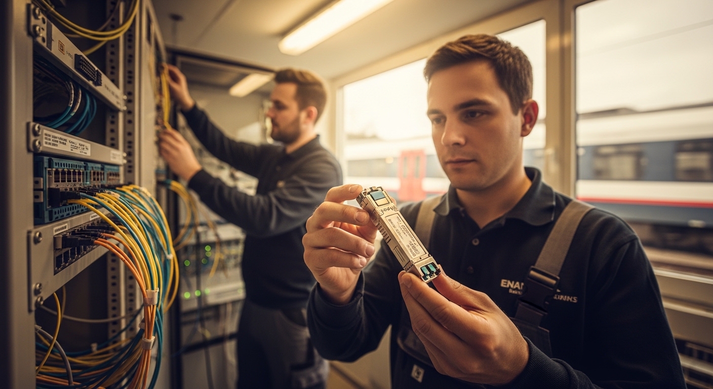 Lifestyle scene featuring EN50155 optical module, Transportation and Railway Fiber Optics: SFP for Trackside Networks, warm a