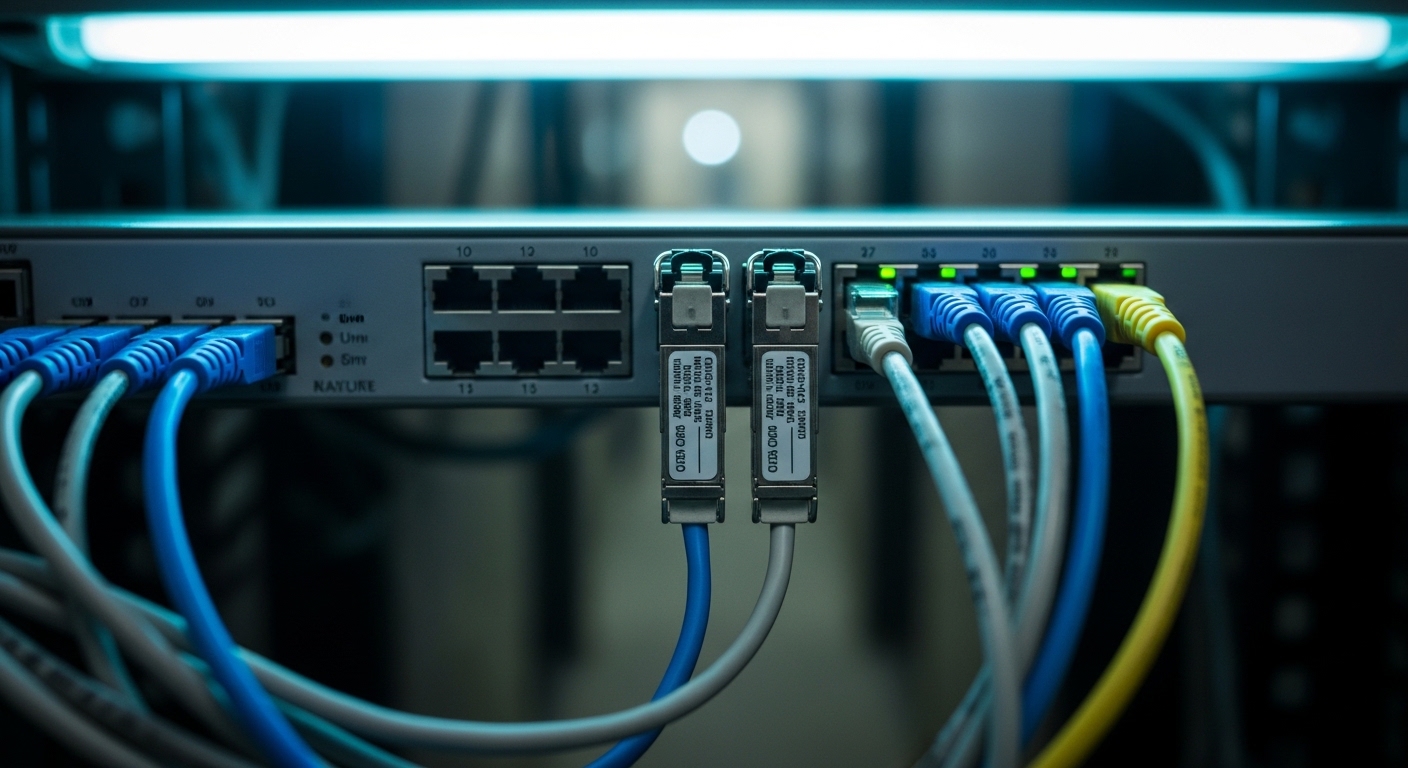 Photorealistic close-up of a hotel telecom rack in a service corridor, showing an Ethernet switch with two SFP modules labele