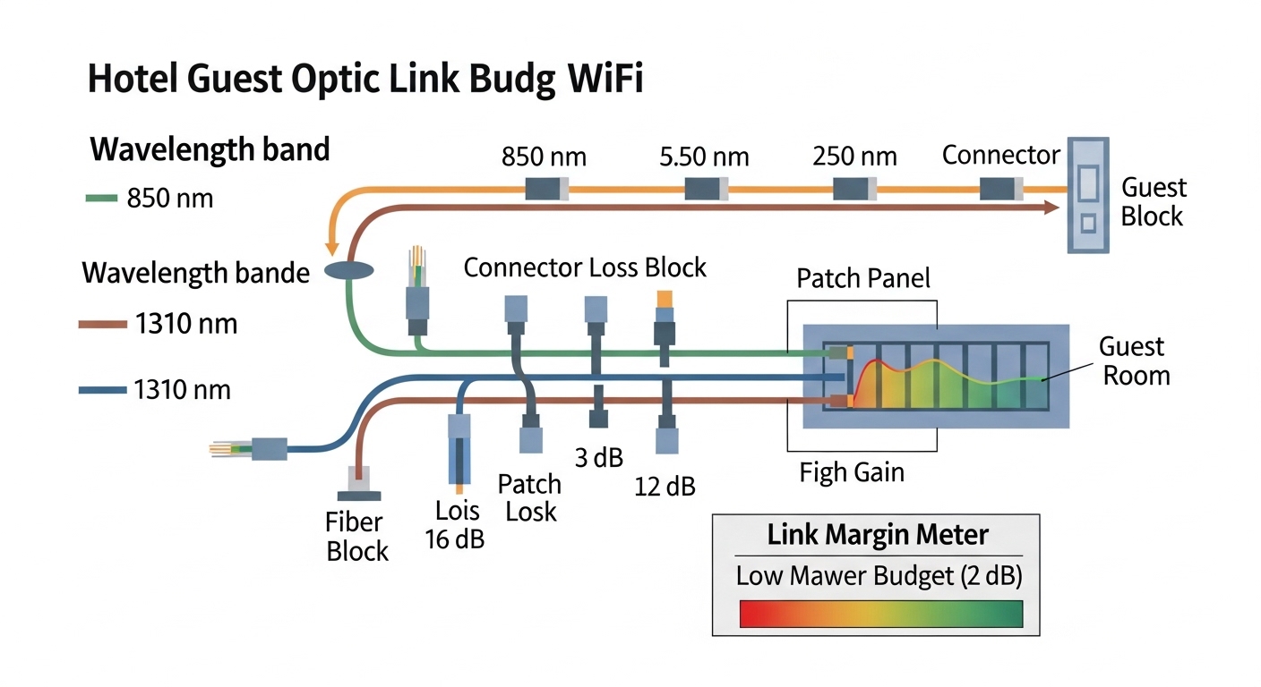 Concept illustration of a fiber link budget diagram for hotel guest WiFi, showing wavelength bands (850 nm and 1310 nm), conn