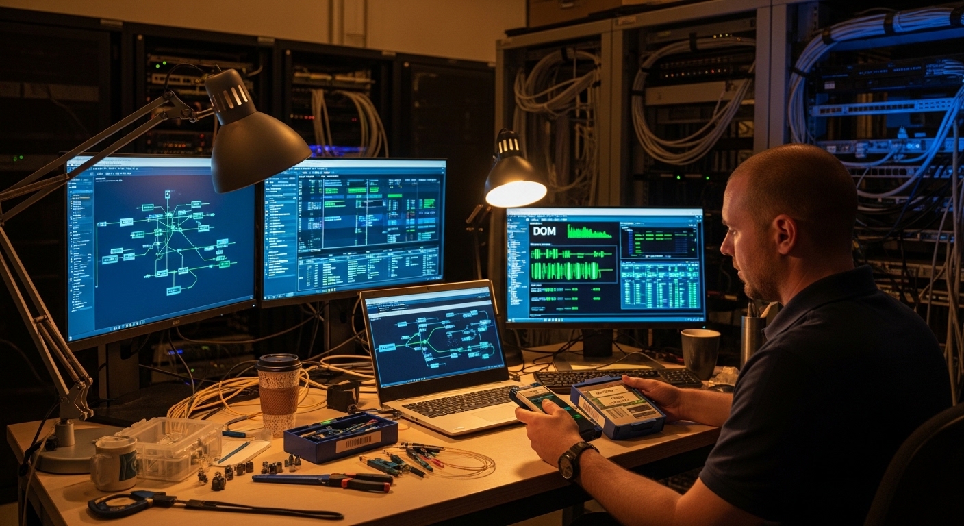 Realistic lifestyle scene inside a university telecom room at dusk, warm practical lighting contrasting with cool monitor glo