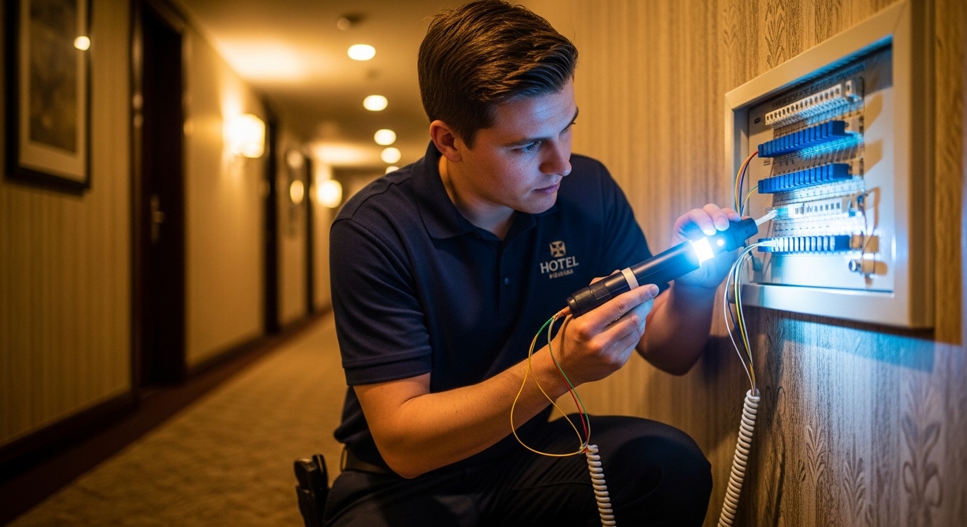 Photographic lifestyle scene of a hotel technician in a polo shirt kneeling by a wall-mounted patch panel near a guest corrid