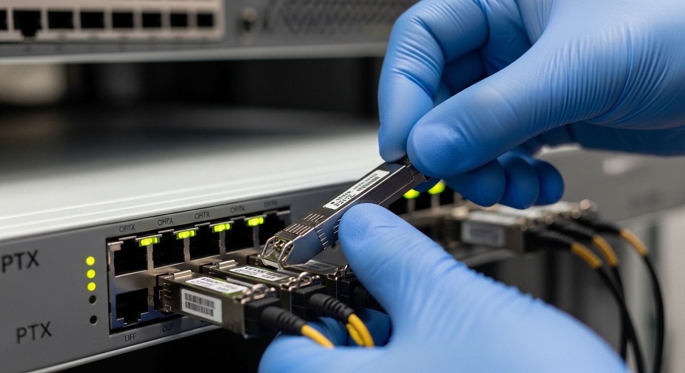 Macro photography of a technician’s gloved hands inserting a Juniper PTX SFP transceiver into a front-panel port on a rack-mo