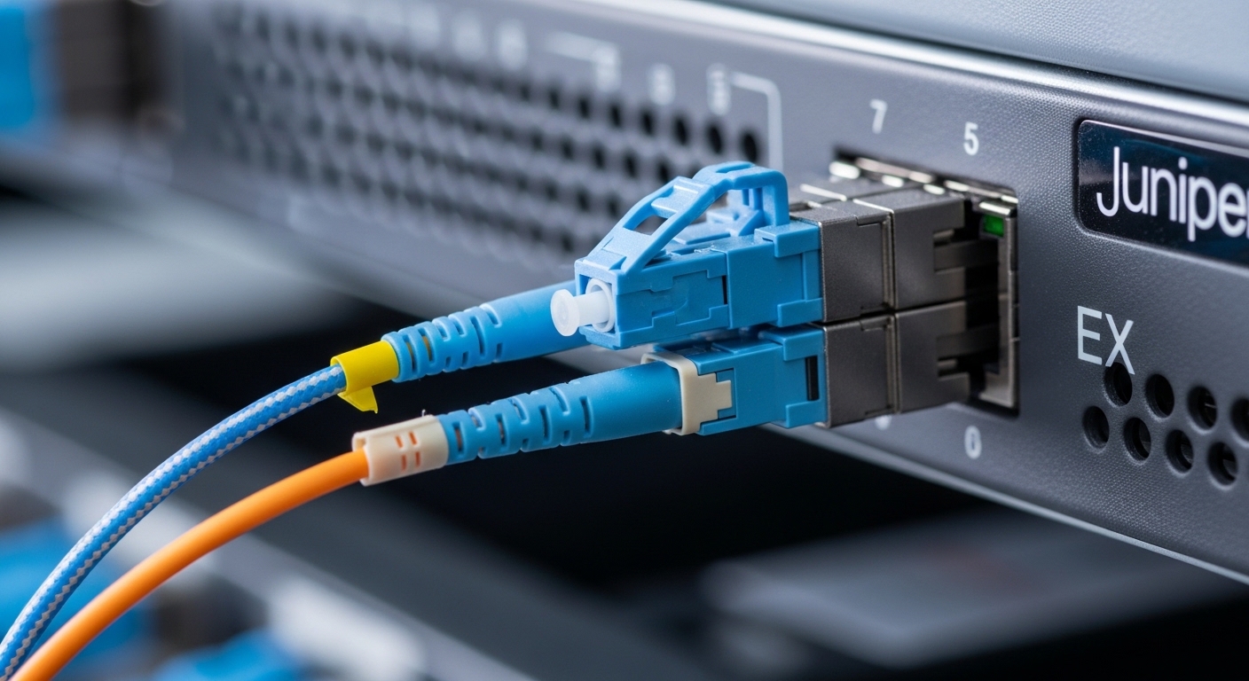Close-up macro photography of an LC duplex fiber connector plugged into a Juniper EX transceiver cage on a rack-mounted switc