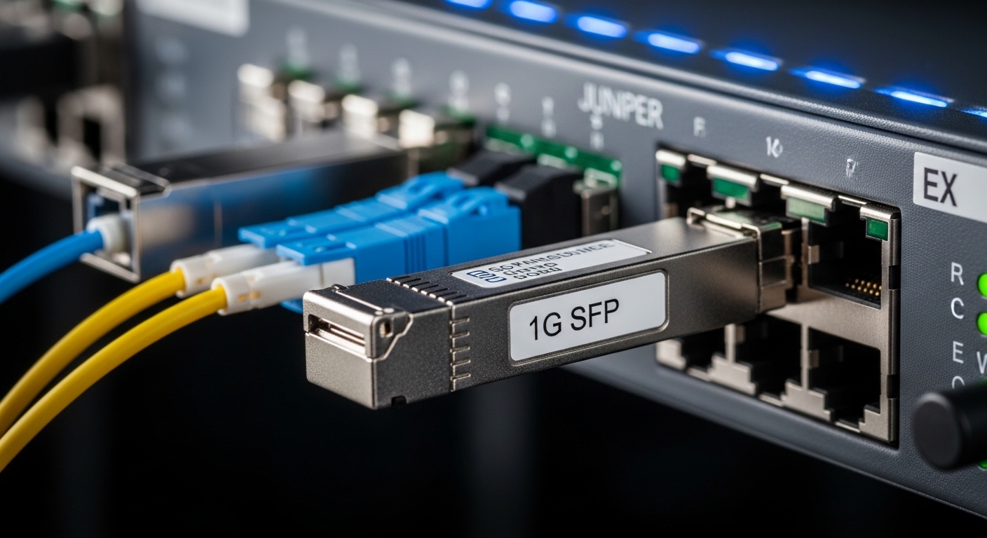 A macro photography scene of a 1G SFP transceiver plugged into a Juniper EX switch port, showing the LC connector end on a fi