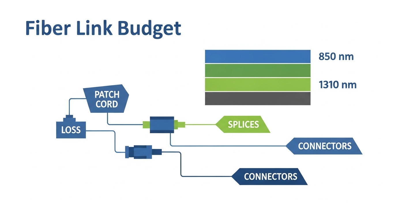 Vector illustration concept art showing a fiber link budget diagram with labeled loss blocks (patch cord, splices, connectors