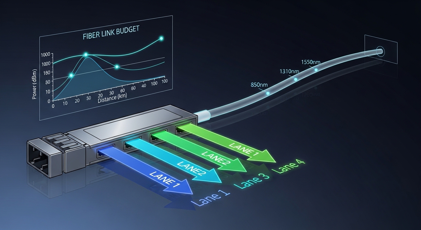 Conceptual illustration of a 100G QSFP28 transceiver with four-lane arrows and a fiber link budget overlay, clean vector styl