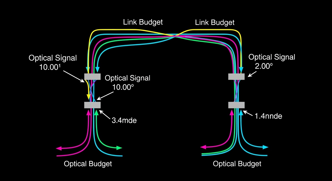 Clean technical illustration comparing optical link budgets for SR vs LR, showing wavelength, fiber type bands (OM3 vs OS2), 