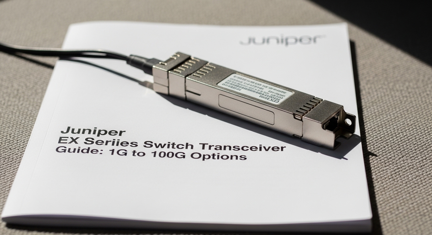 Documentary-style photo of Juniper EX transceiver, Juniper EX Series Switch Transceiver Guide: 1G to 100G Options, natural li