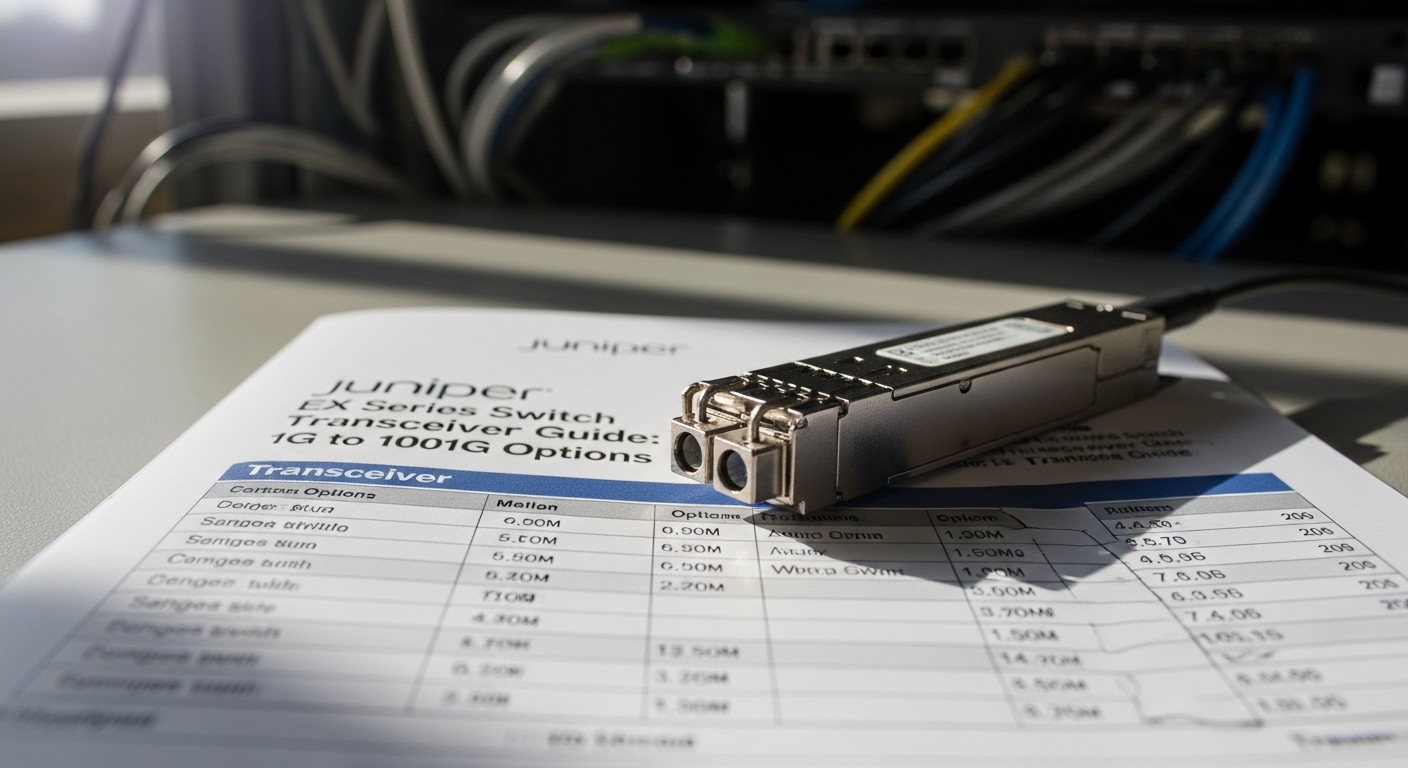 Documentary-style photo of Juniper EX transceiver, Juniper EX Series Switch Transceiver Guide: 1G to 100G Options, natural li