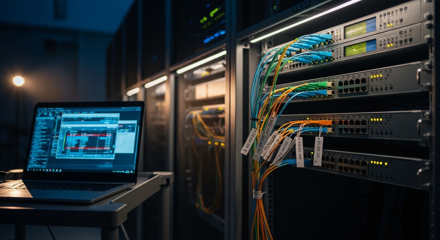 Realistic lifestyle scene inside a telecom equipment room at dusk, a rack of PTX switches under LED strip lighting, fiber pat