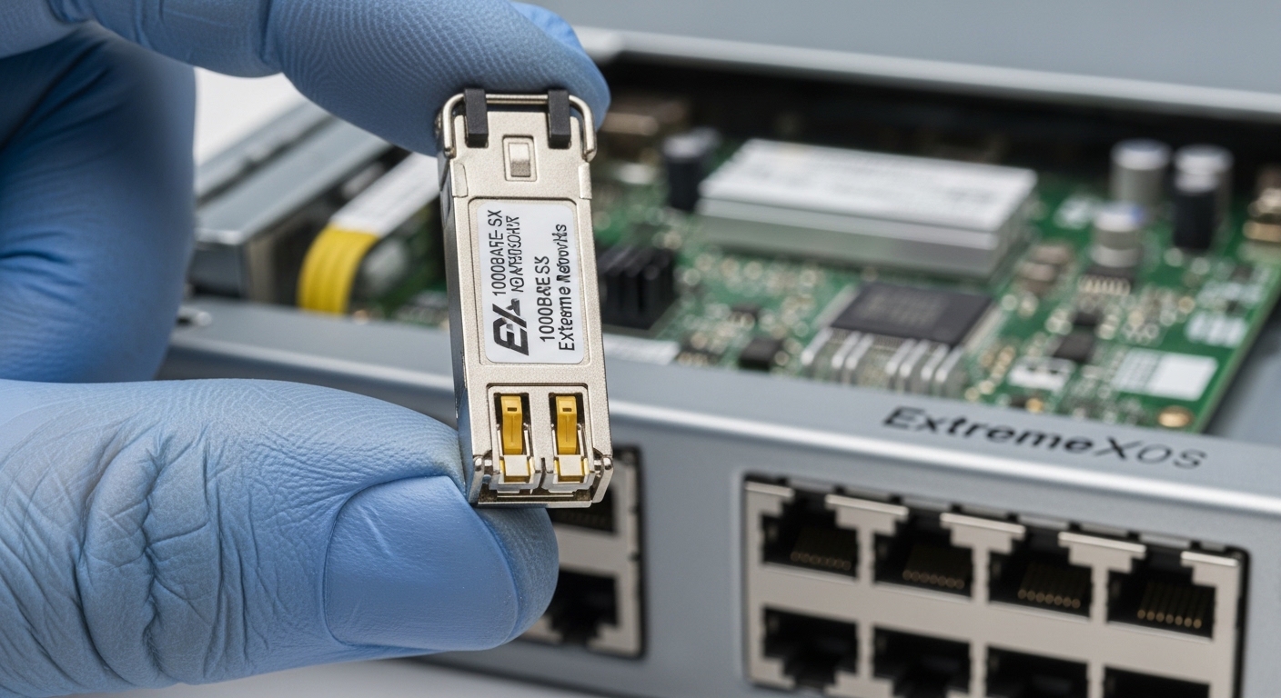 A macro photography scene of a small SFP transceiver module held in gloved hands above an open ExtremeXOS switch chassis, sho