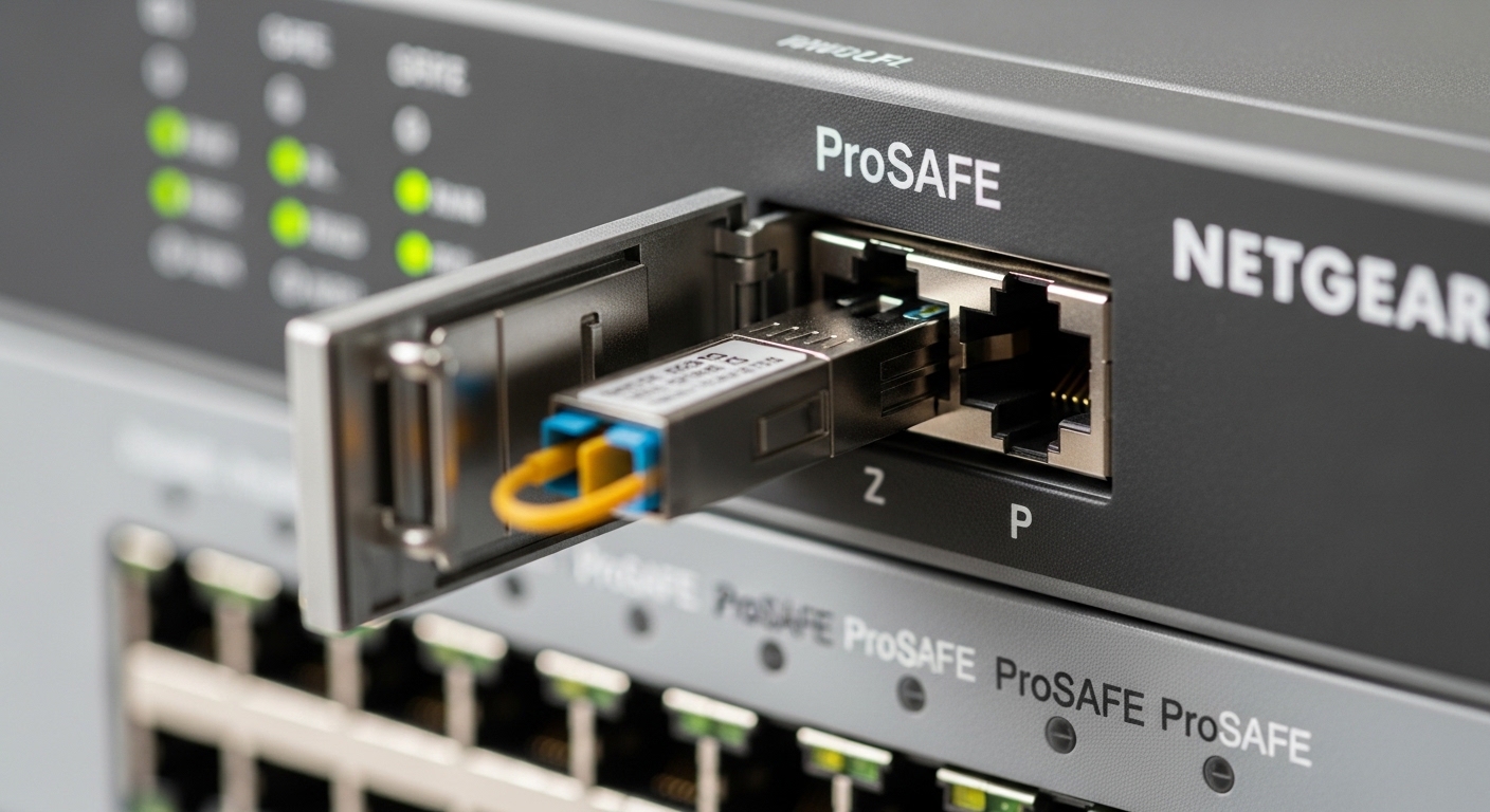 Close-up product photography of a Netgear ProSAFE switch front panel with an SFP cage open, a fiber LC connector inserted int