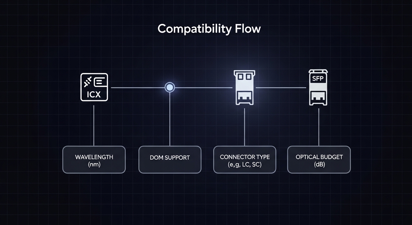 Vector illustration concept art showing a “compatibility flow” diagram: ICX switch port icon connected to an SFP module icon,