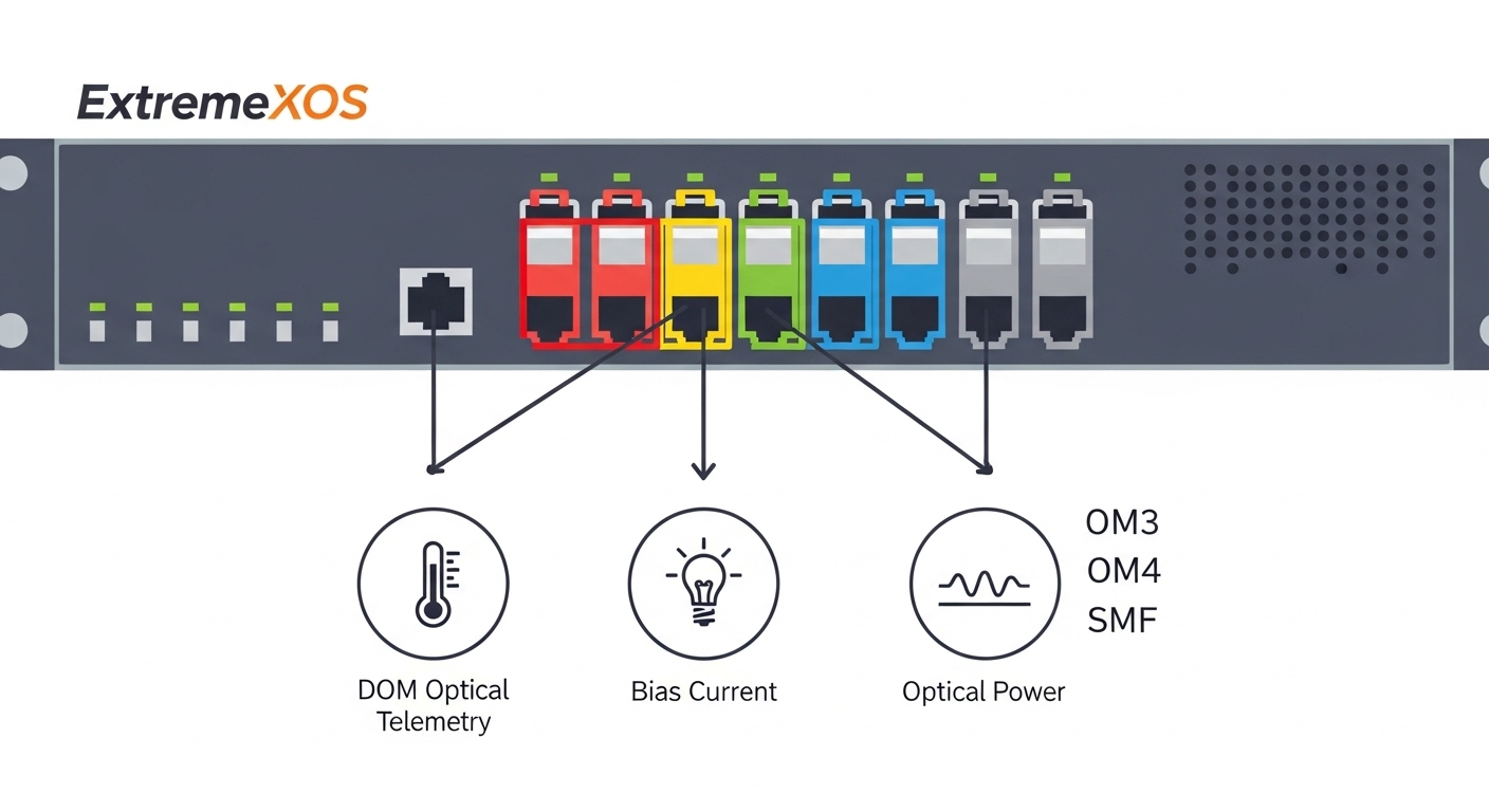 Clean vector illustration infographic showing an ExtremeXOS switch front panel with highlighted SFP cages, arrows to DOM tele