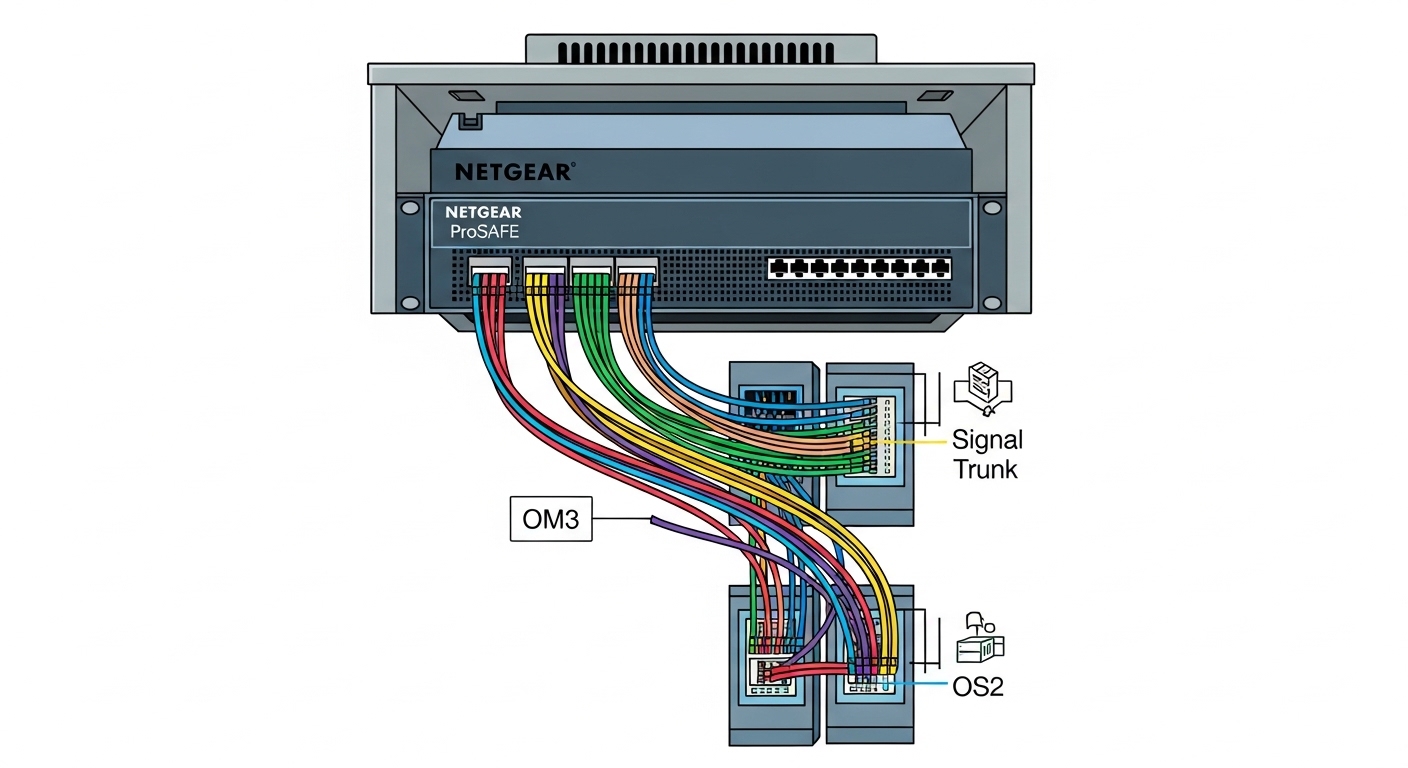 Engineering illustration showing a data center rack with a Netgear ProSAFE switch, two fiber trunks labeled OM3 and OS2, and 