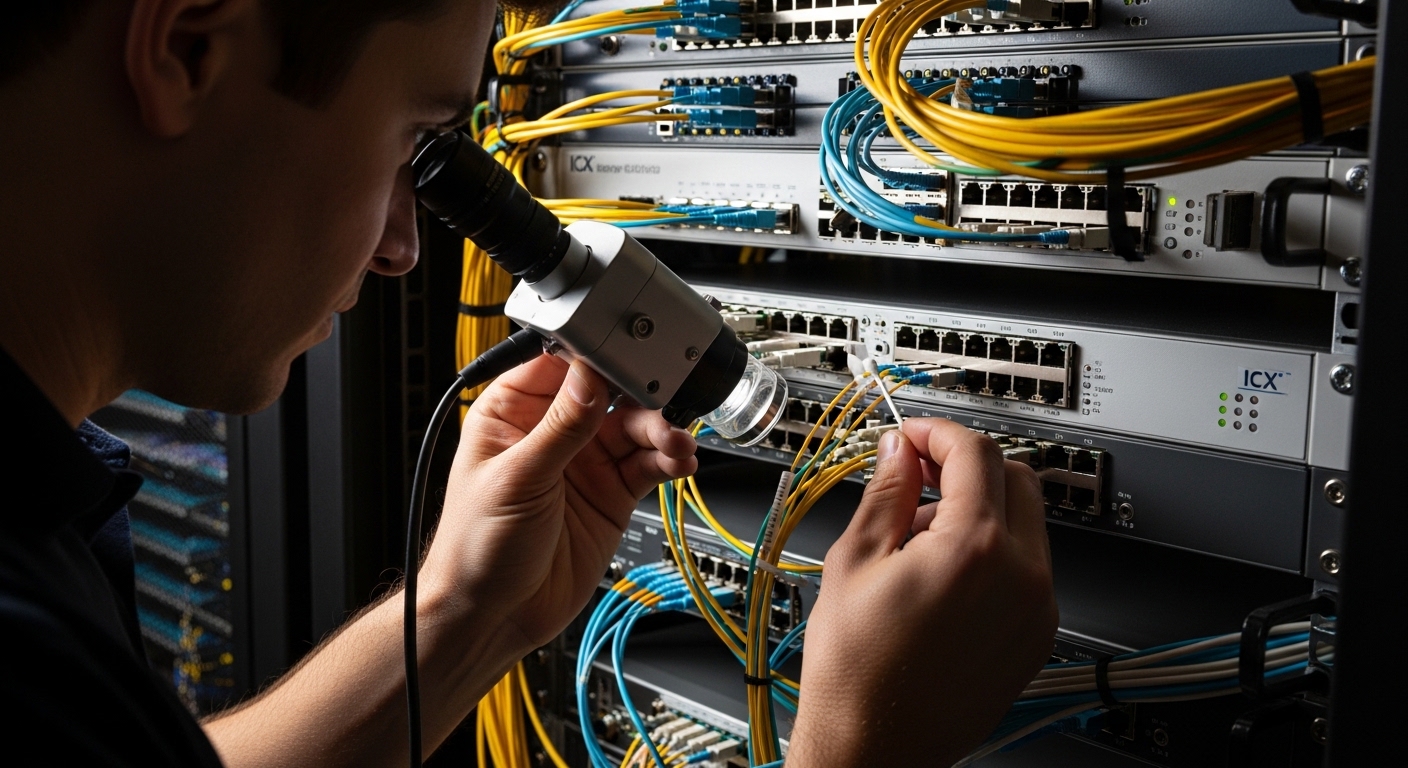 Realistic lifestyle scene of a network rack engineer using a fiber microscope and cleaning swabs at an ICX switch, dramatic s
