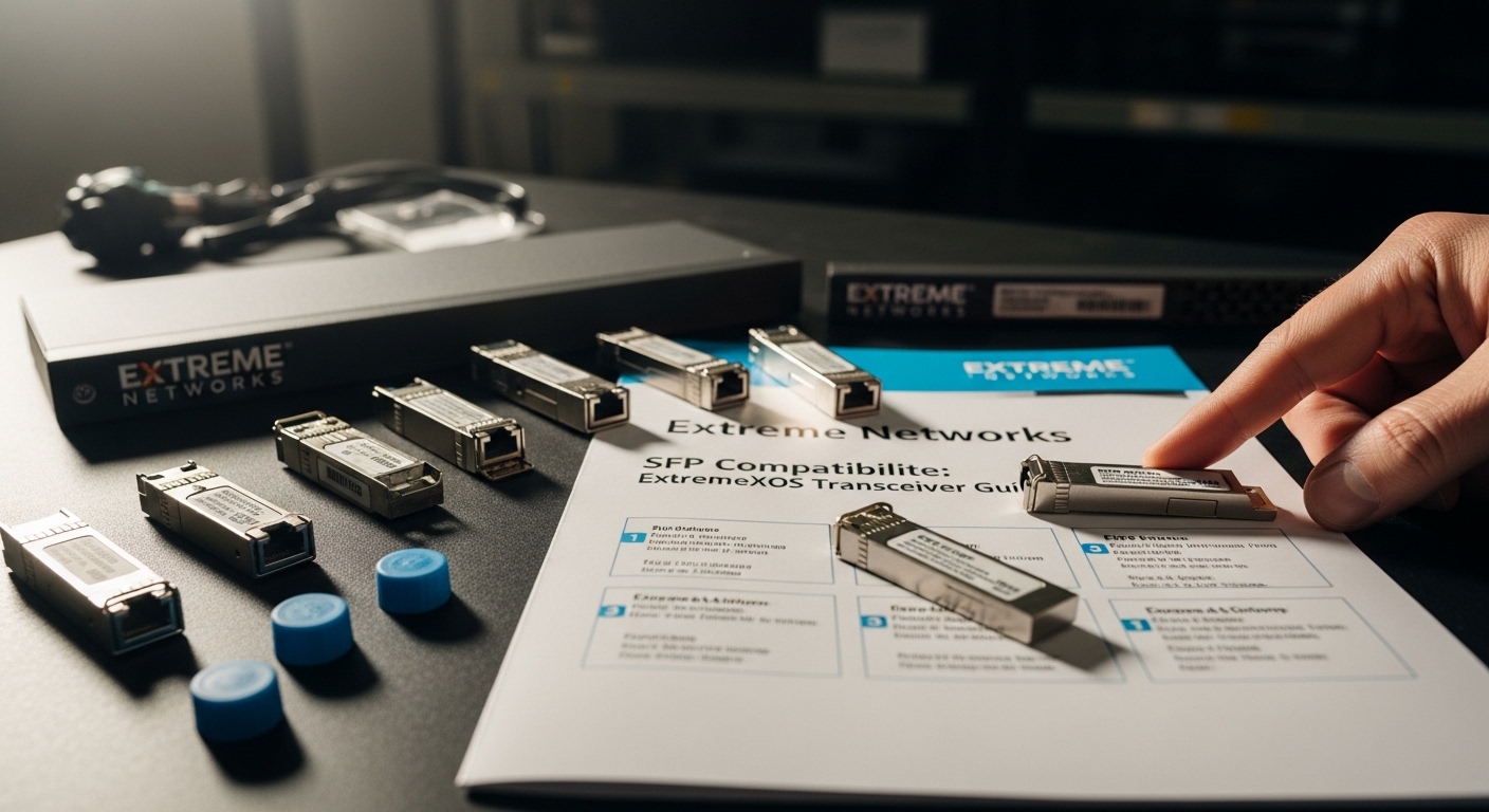 Documentary-style photo of Extreme switch optics, Extreme Networks SFP Compatibility: ExtremeXOS Transceiver Guide, natural l