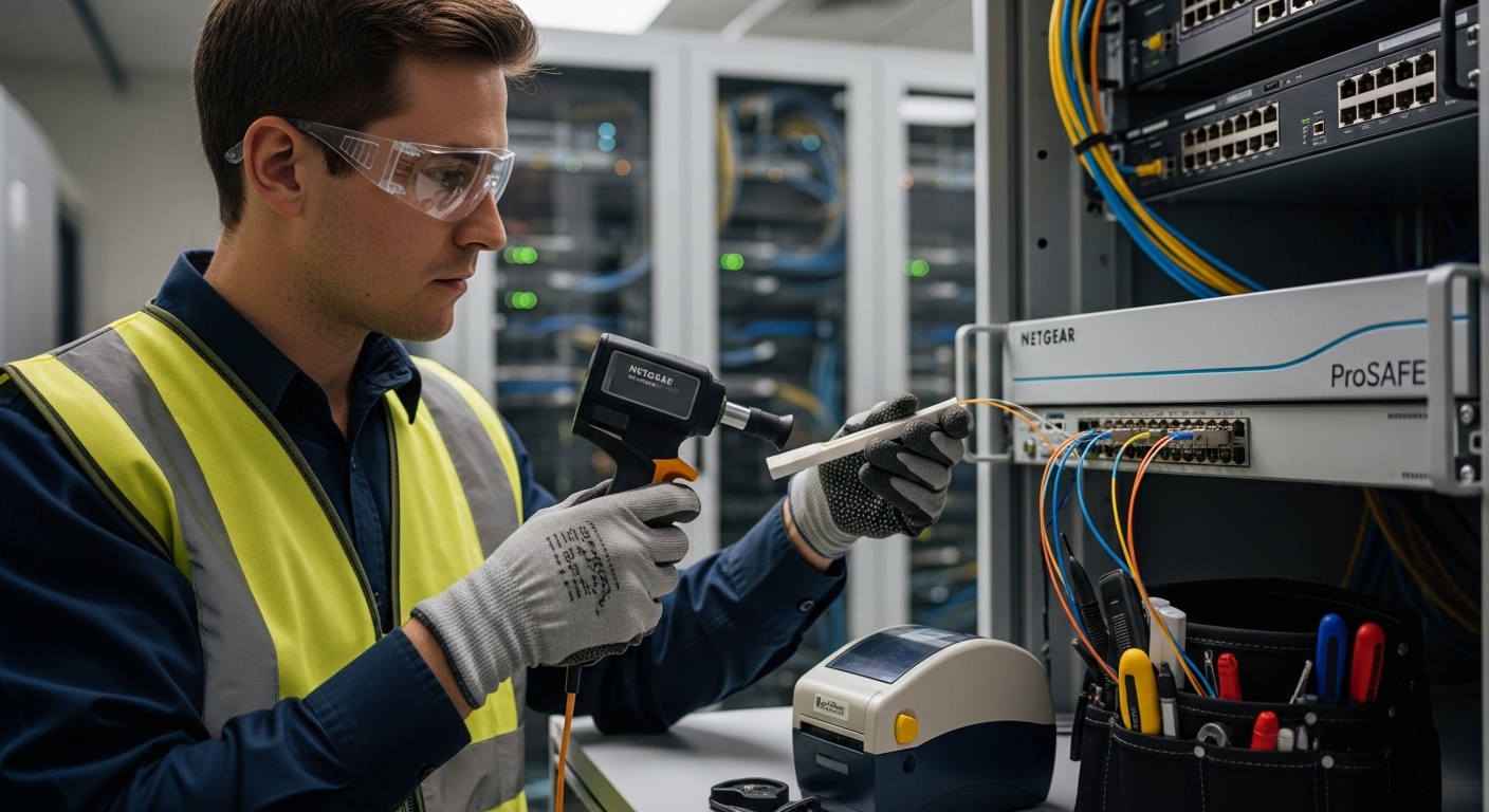 Lifestyle scene of a field engineer in a server room wearing PPE, holding a fiber scope and a cleaning kit next to a Netgear 