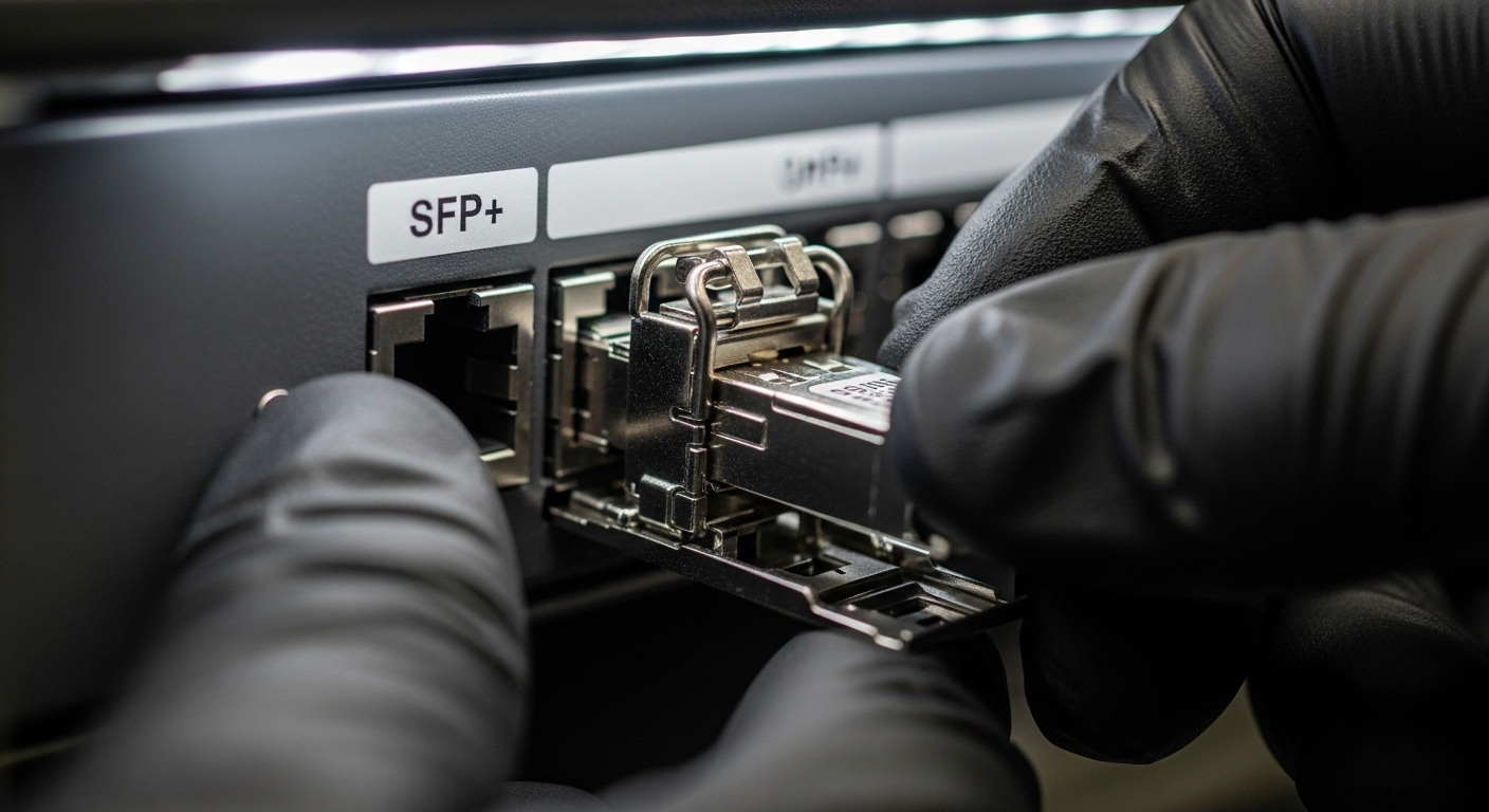 A macro photography style shot of a UniFi switch front panel with an SFP+ cage open, a transceiver partially inserted, and a 