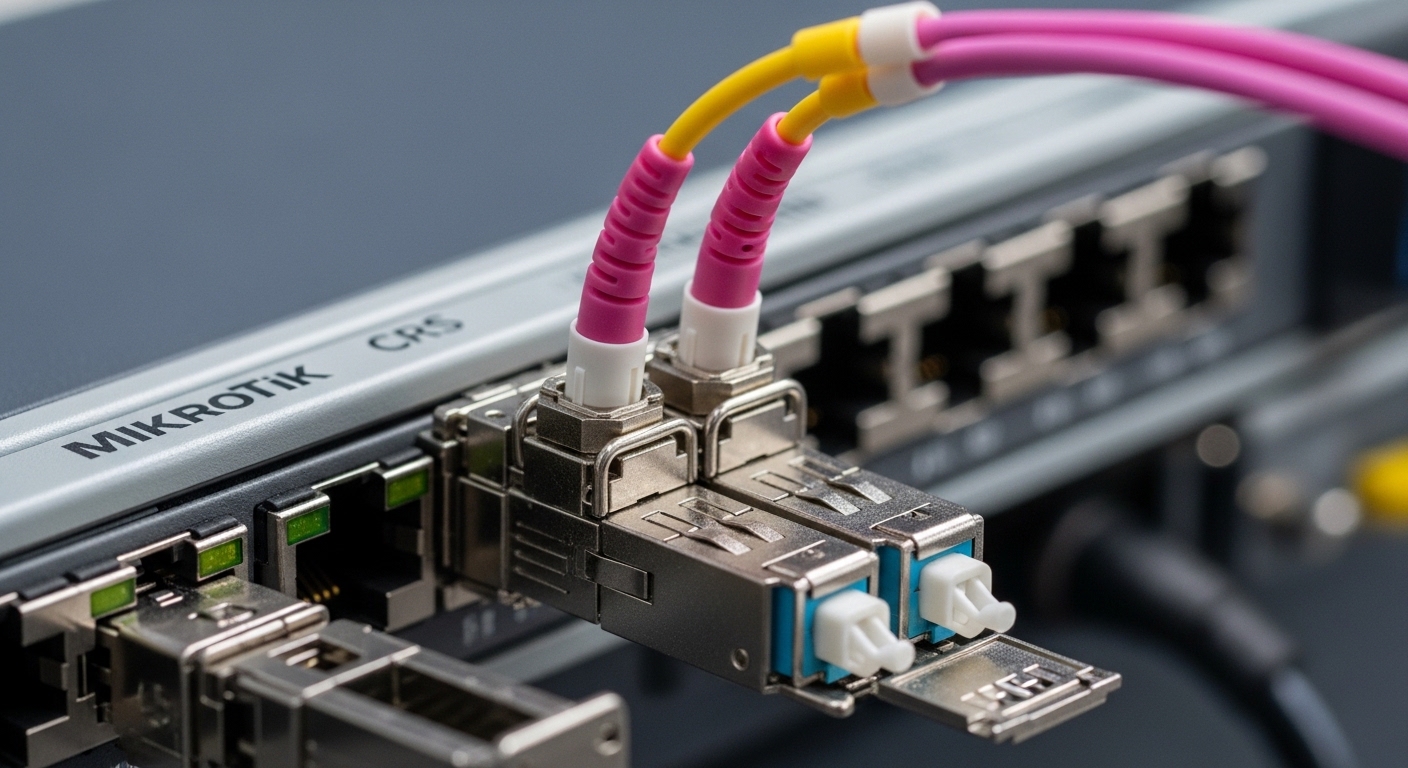 Close-up macro photography of an open MikroTik CRS switch SFP+ cage with two LC fiber connectors inserted, OM4 patch cable vi