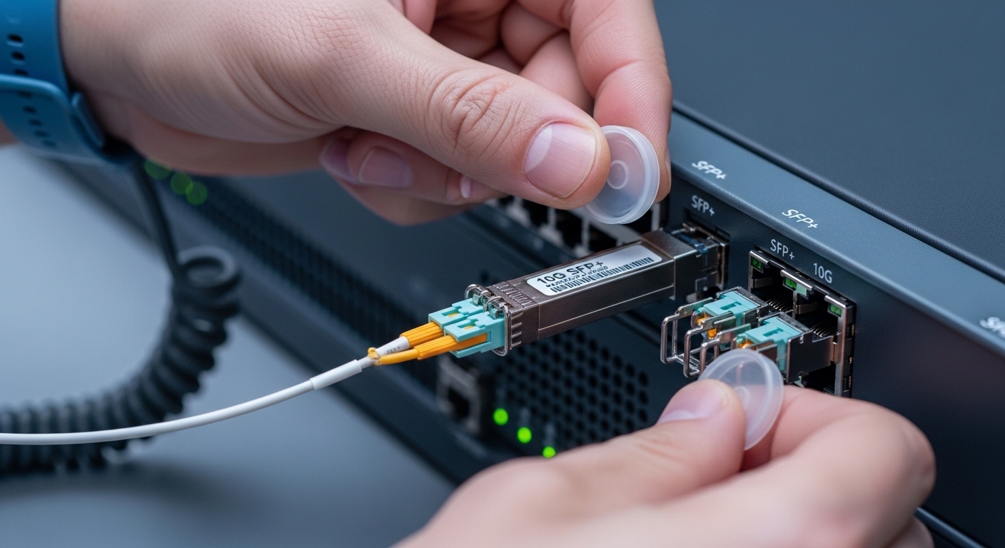 Photorealistic close-up of a technician installing an SFP+ 10G fiber transceiver into a Palo Alto Networks firewall port, sho