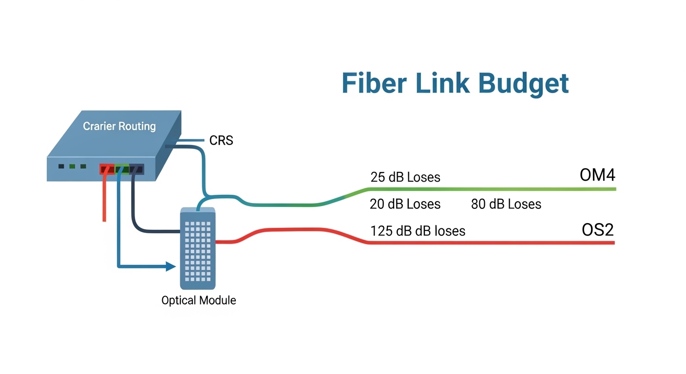 Vector illustration concept art showing a fiber link budget diagram with labeled dB losses, a CRS switch on the left, an opti