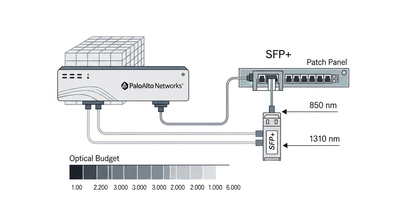 Clean vector illustration showing a network diagram of a Palo Alto Networks firewall connected to a fiber patch panel with an