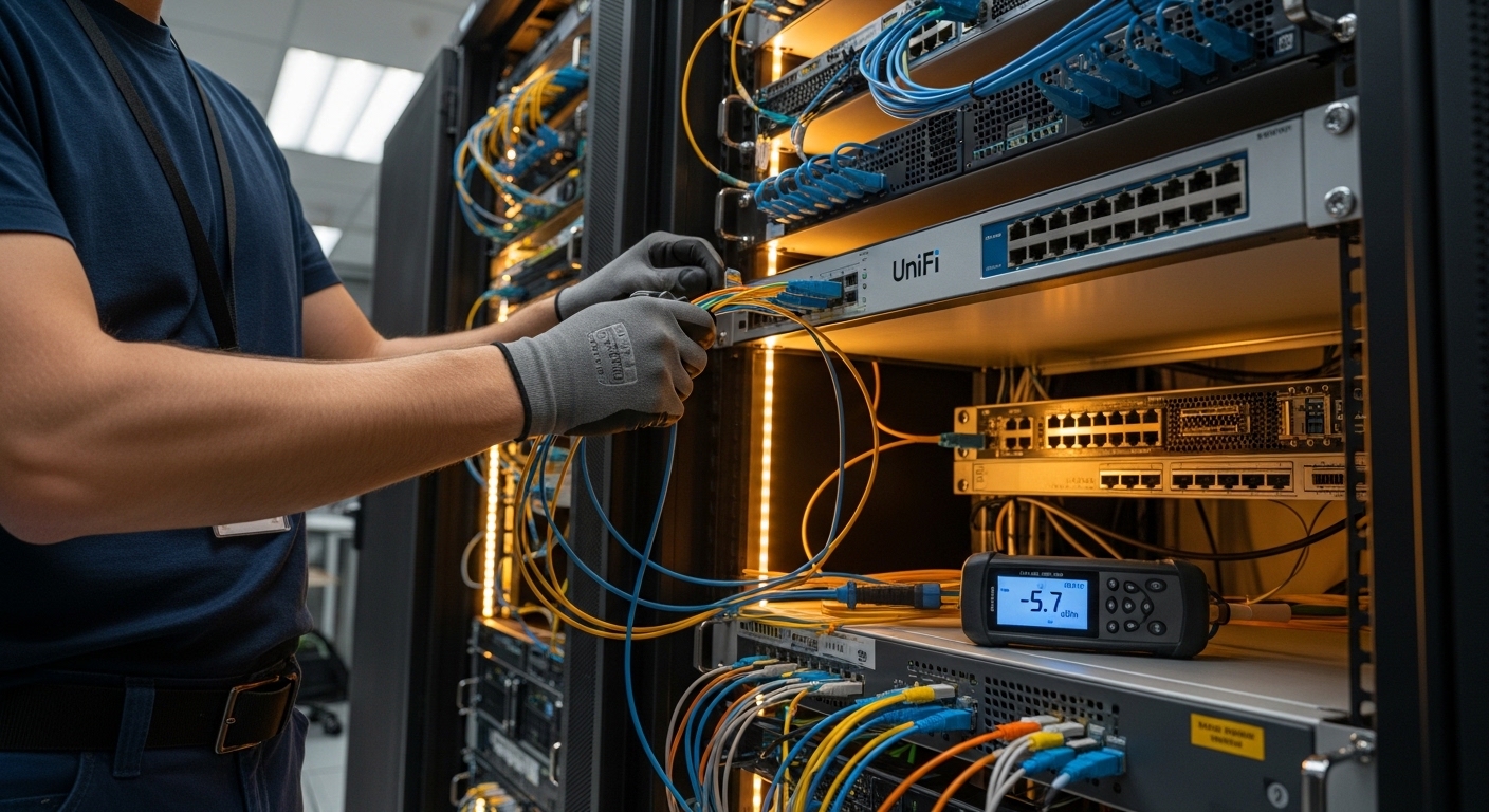 Photorealistic lifestyle scene in a server room: a network engineer at a rack aligning LC fiber patch cords to a UniFi switch