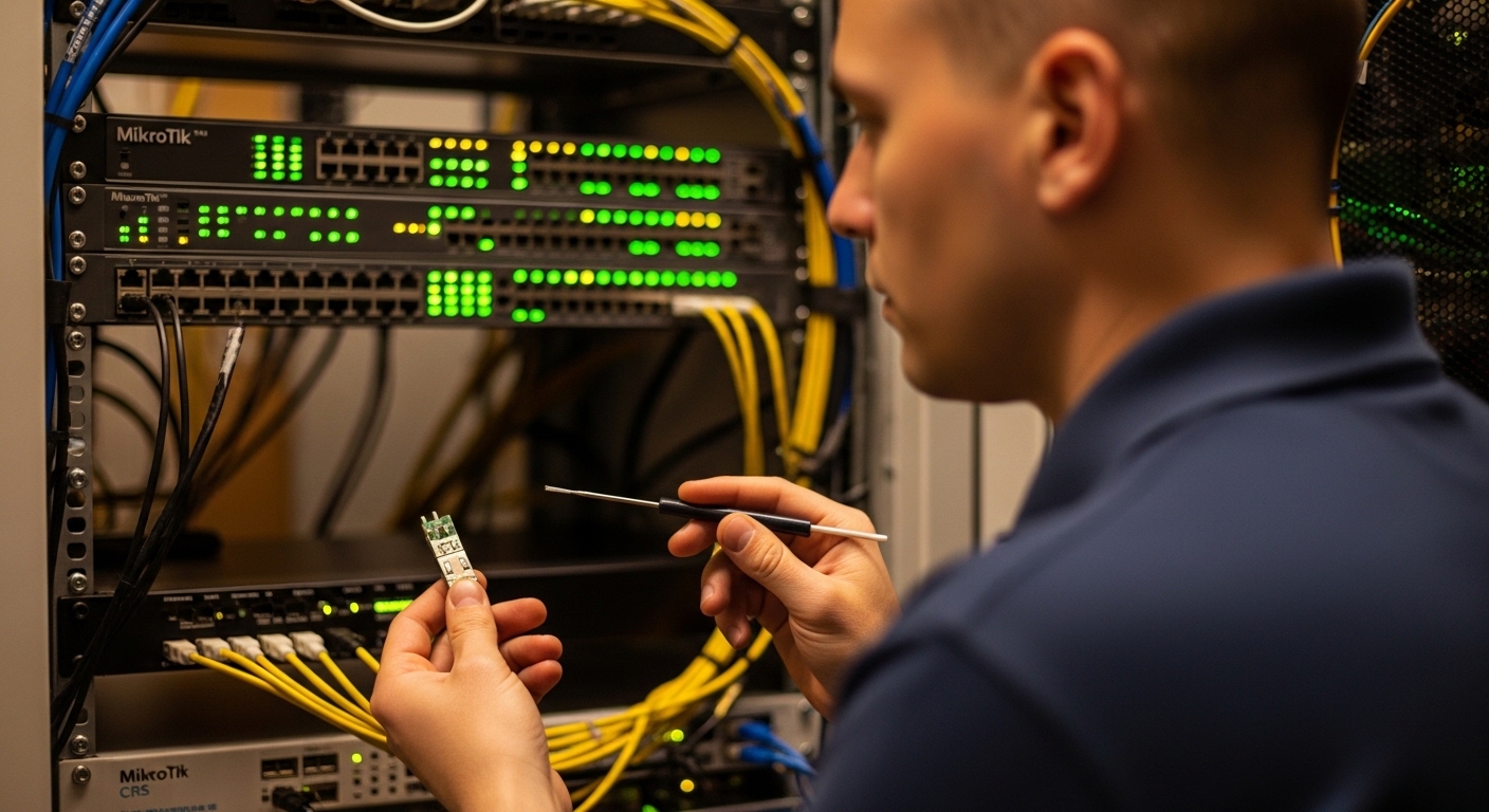 Photographic lifestyle scene of a data center engineer at a rack during a maintenance window, holding an SFP+ module and an L