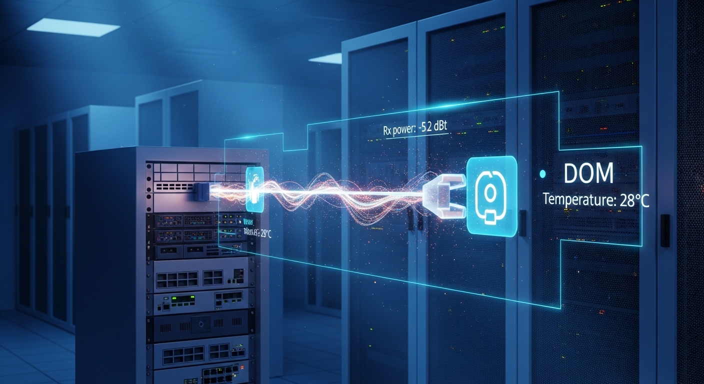 Concept art scene of a realistic rack room at blue hour, with a glowing fiber link icon between a firewall chassis and a swit