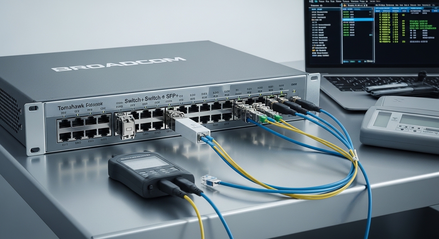 A high-resolution photography scene of an open network lab bench: a Broadcom Tomahawk-based Ethernet switch chassis on a meta