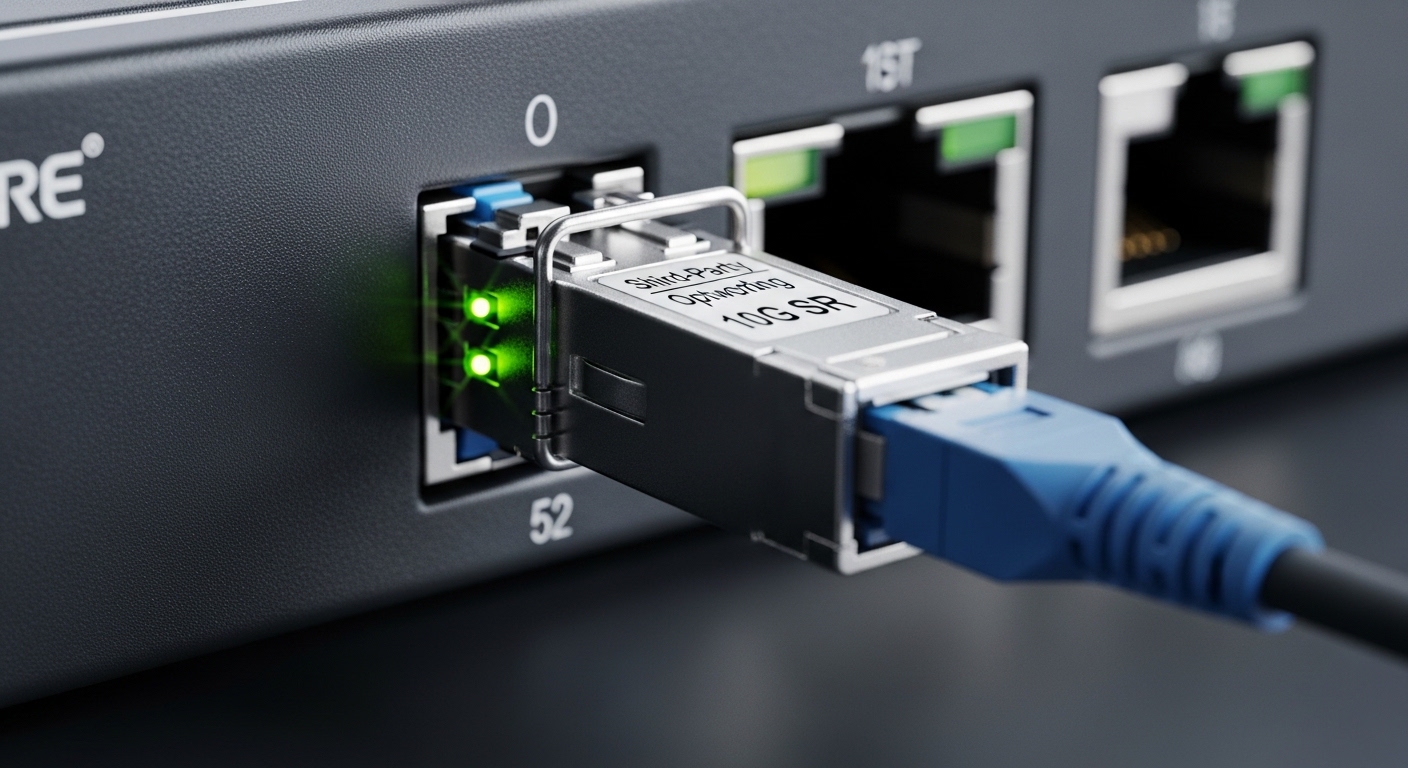 Close-up macro photography of an SFP cage on an Edgecore-style switch front panel, showing a third-party 10G SR open networki