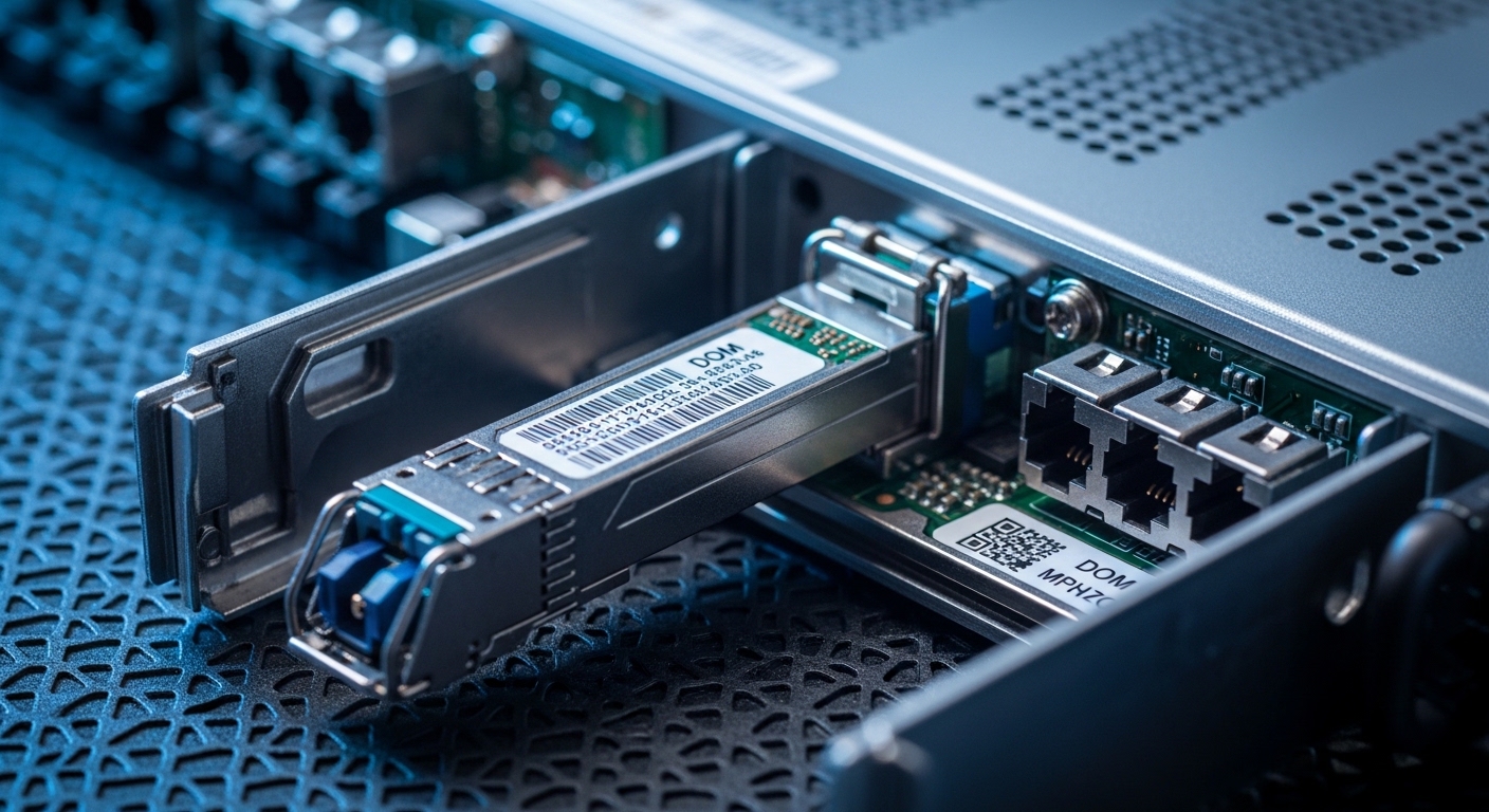 Macro photography of an open Nokia 7750 SFP transceiver cage on a service-provider router, with an installed 850 nm multimode